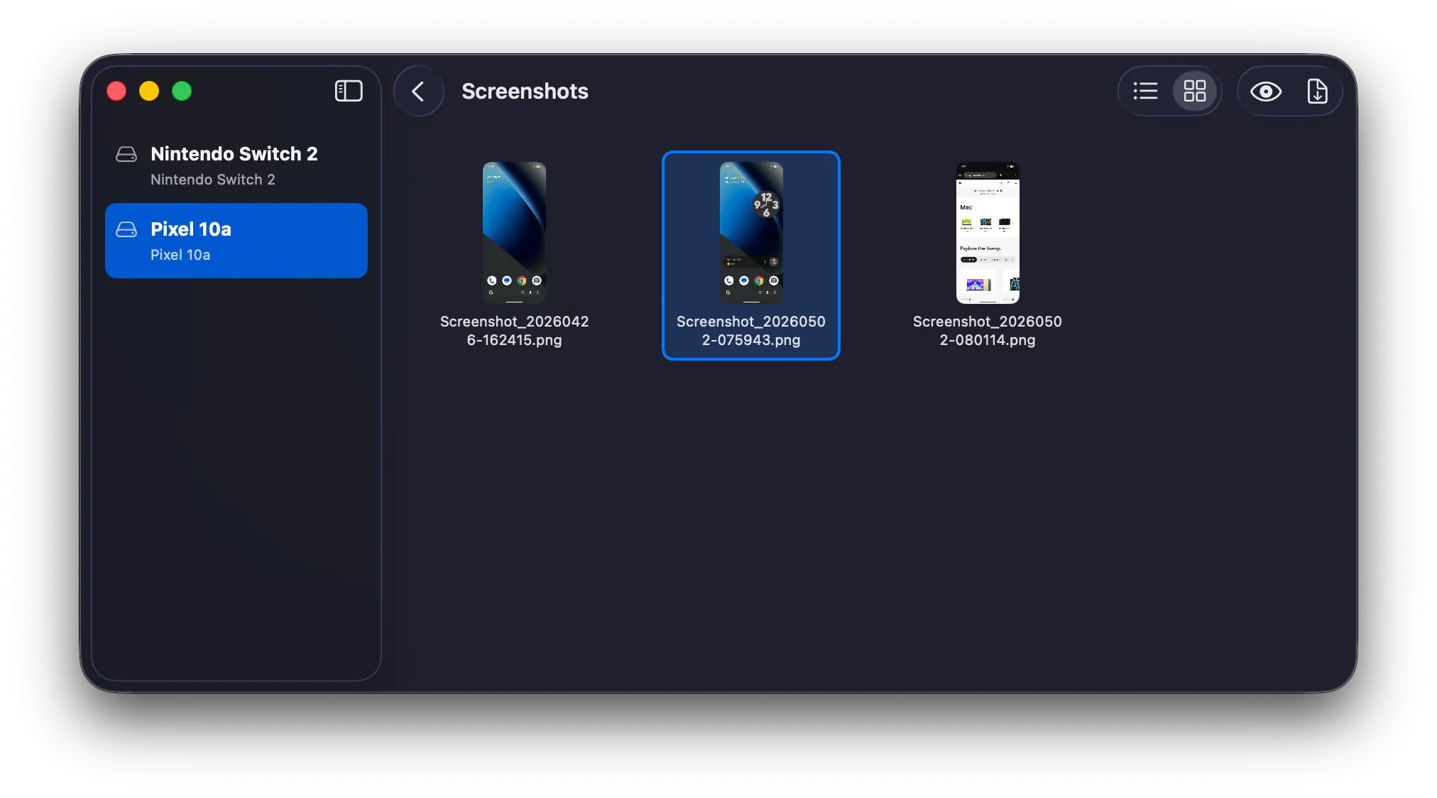 MTP File Transfer browsing screenshots on a Pixel 10a